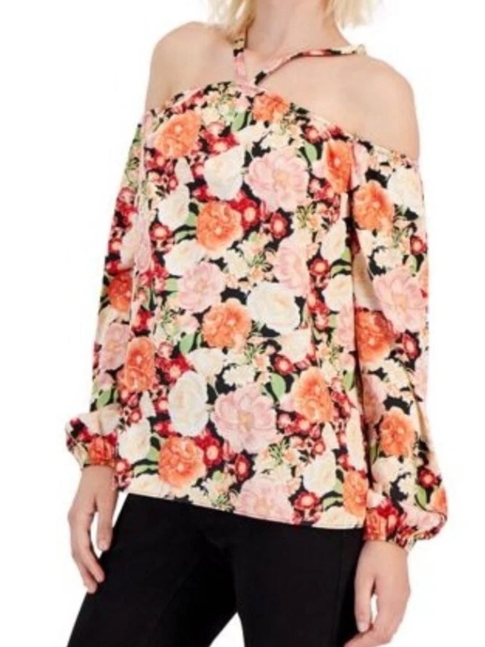 INC Floral Off-Shoulder Blouse with Halter Strap - Pink/Peach